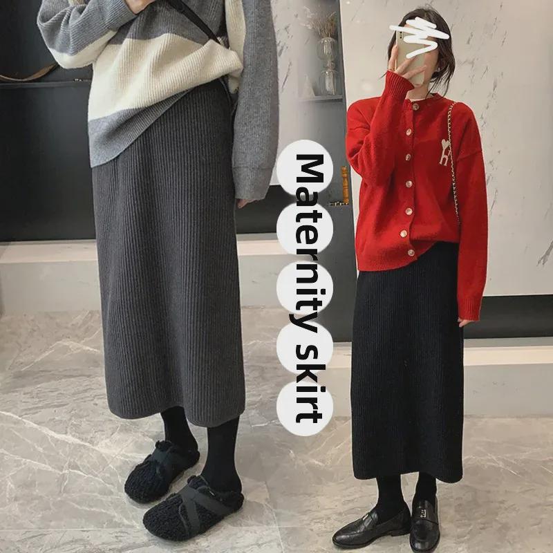 "Maternity Knit Wool Skirt - Autumn/Winter Trend, Mid-Length with Back Slit"