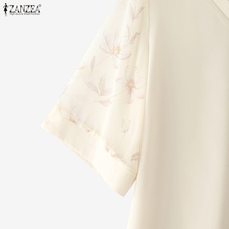 ZANZEA Women Casual Print Splice Short Sleeve Loose V-Neck Blouse