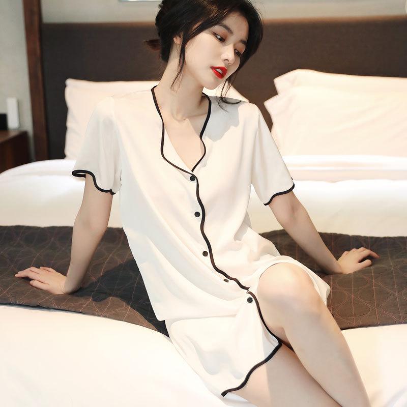 Women’s Sexy Short Sleeve Princess Style Satin Ice Silk Shirt Nightgown Spring Summer Autumn Sleepwear