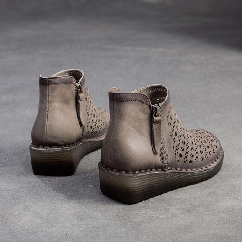 Johnature Genuine Leather Breathable Hollow Out Boots Retro Versatile Comfortable Women's Wedges Shoes