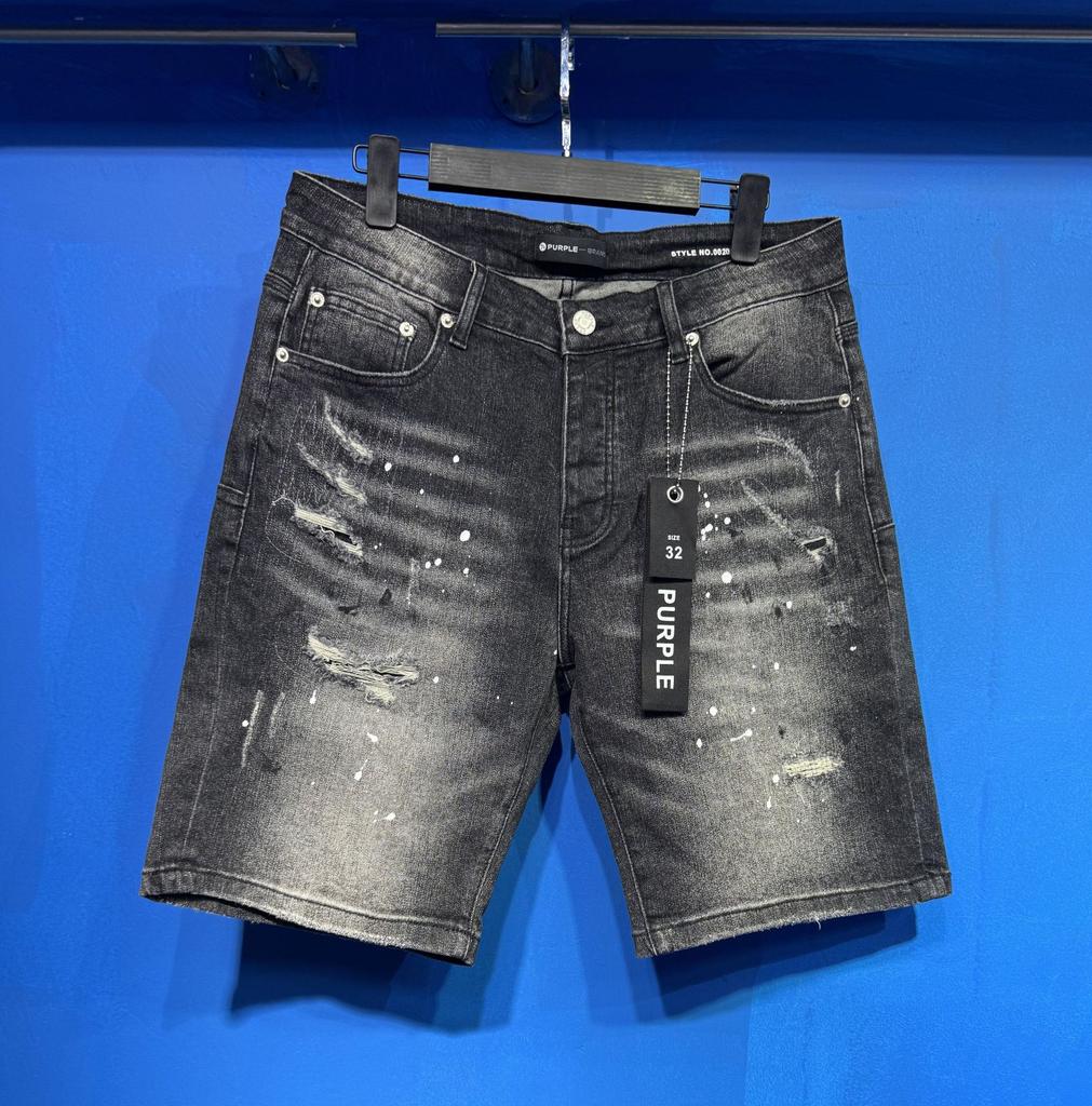 Cross-border European and American Trendy Brand Purple Splashing Ink Hot Diamond Worn Washed Denim Shorts Men's and Women's High Street Straight Five-