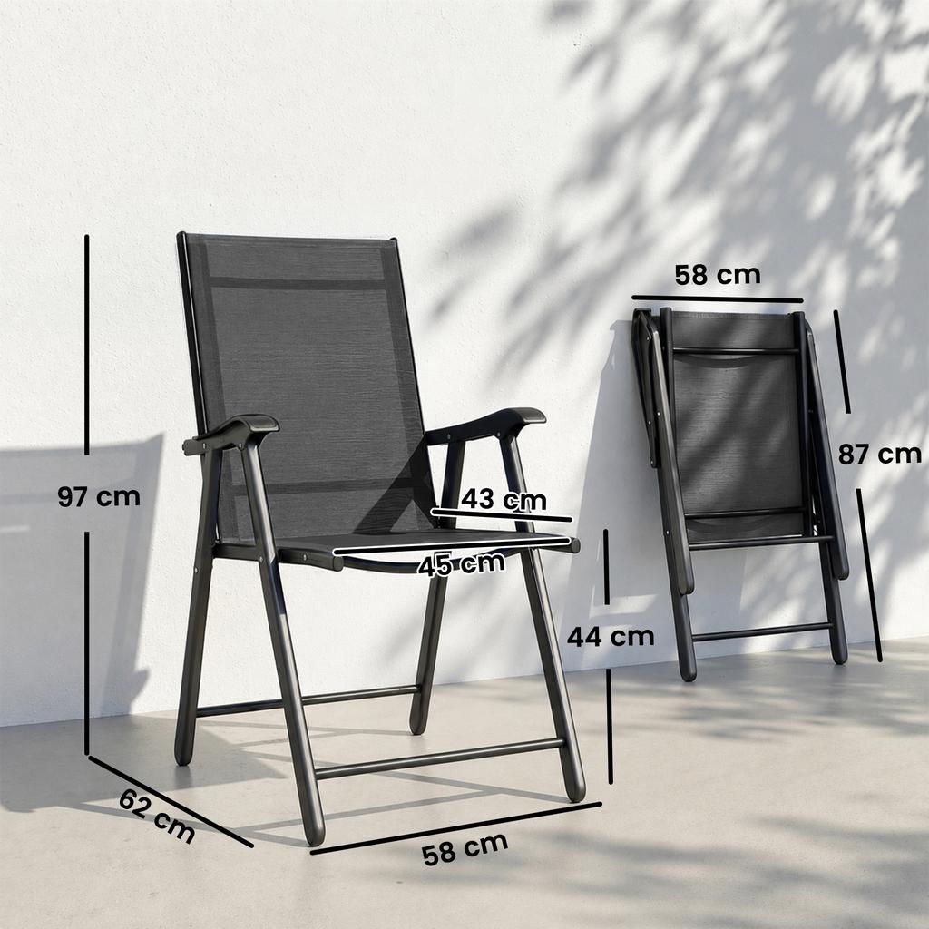 Folding Garden Chairs Set of 2, Foldable Garden Dining Chairs with High Back, Armrests, Texteline Seat, Black