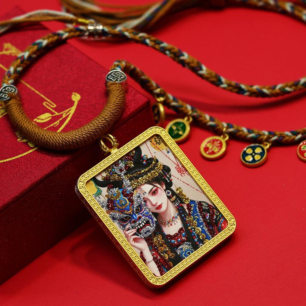 Classic Gold Tone Thangka Necklace: Multicolored Tibetan Zhakilamu, Female Wealth, Dazzling Colors, Semi-Handmade.