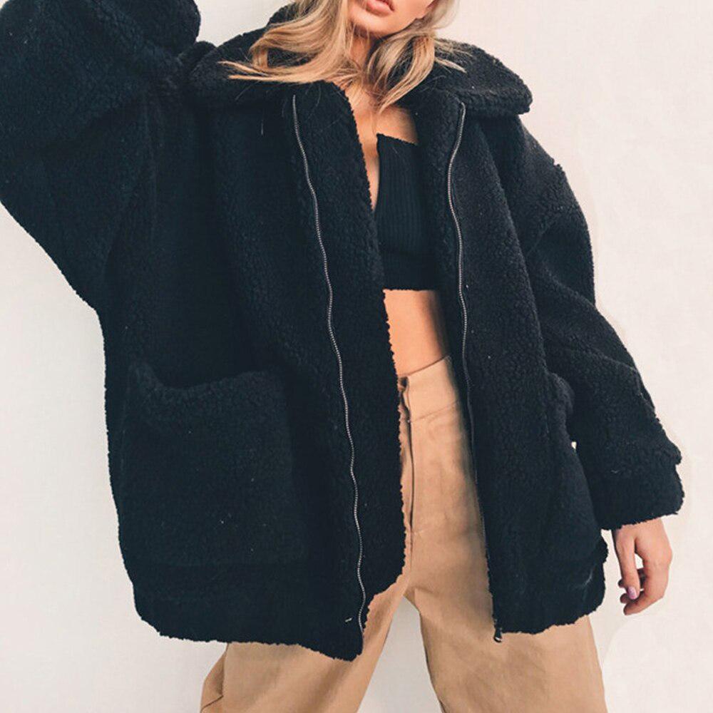 Oversized Faux Teddy Bear Coat  Autumn Winter Warm Thick Bomber Jacket Women Fuzzy Zipper Jackets
