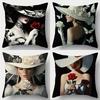 4PCS Printed Pillowcase Set - Lady with White Hat Holding Rose On Black Background, Vintage Charm Design for Daily Gatherings