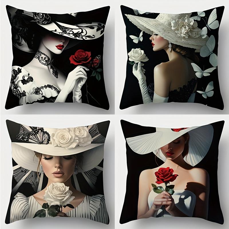 

4PCS Printed Pillowcase Set - Lady with White Hat Holding Rose on Black Background, Vintage Charm Design for Daily Gatherings 35x35cm 4pcs