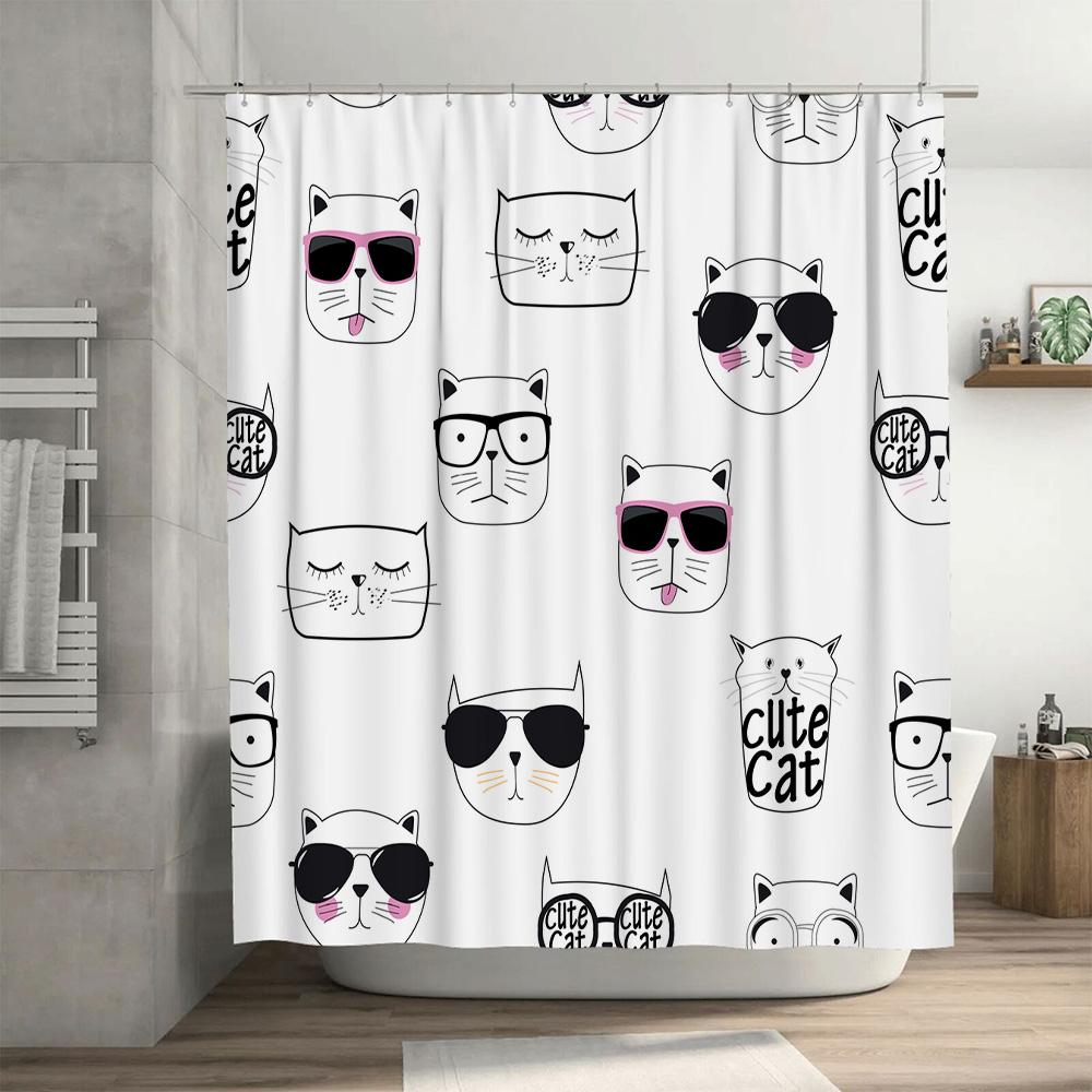 Cute Cat Print Shower Curtain Black White Cartoon Bathroom Decor for Kids Room Water Resistant Fabric, Washable Bath Liner In 24