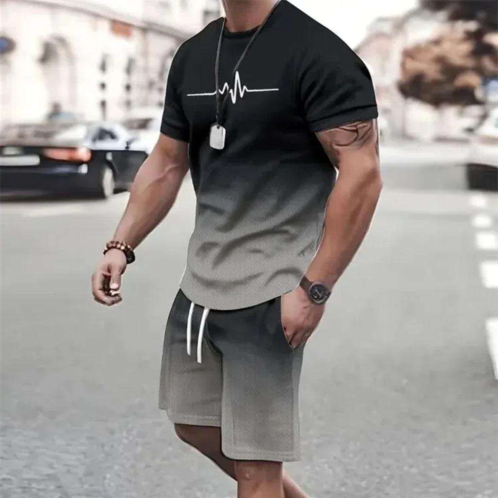 Summer Men's Simple Letter Printed Pattern Short Sleeve Shorts Set Summer Men's Street Round Neck T-Shirt Drawstring Shorts Set