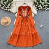 Vintage Western Style Embroidered V-neck Strap Up Waist Long Sleeve Dress for Women French Elegant Grand Swing Long Dress