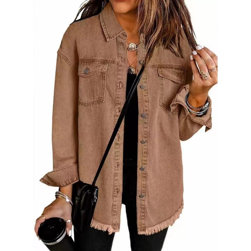 Frayed Edge Denim Loose Casual Long Sleeve Shirt Outerwear