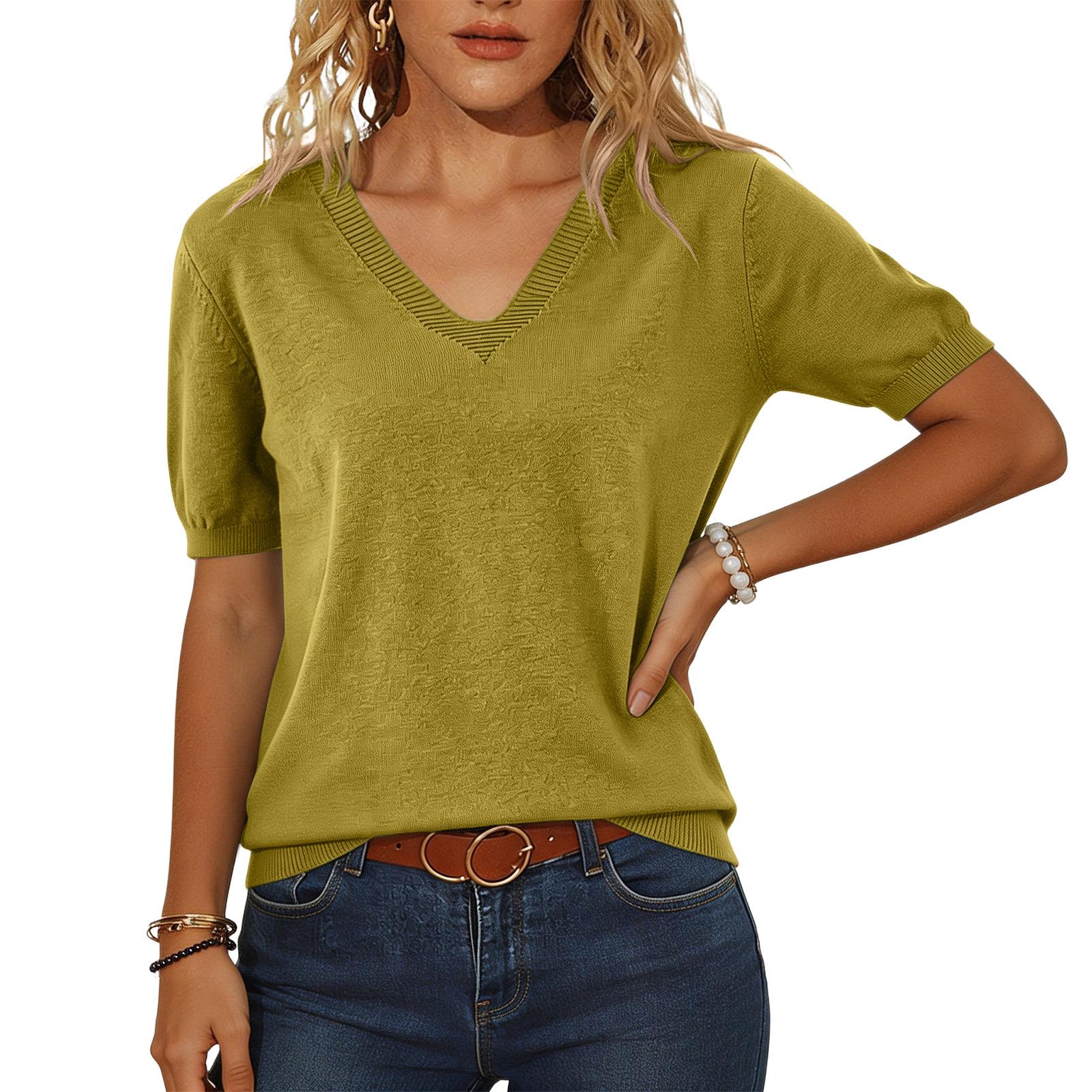 

Women’s Short Sleeve V Neck Pullover Knit Top Lightweight Casual Sweater Loose Fit Soft Basic Tee for Daily Wear XL жовтий