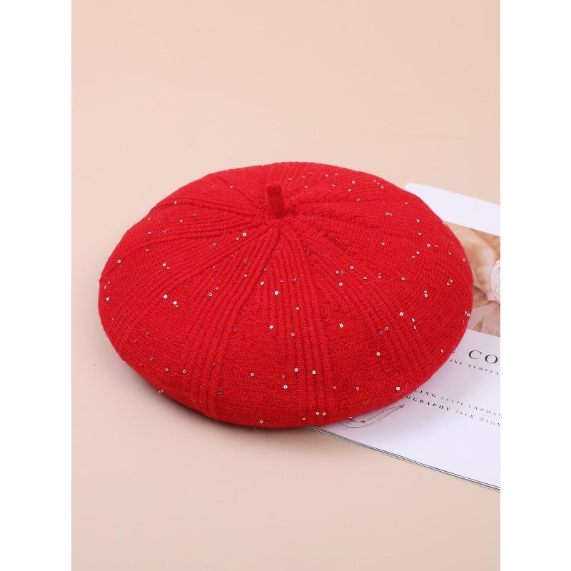 Glitter beret women's autumn and winter woolen hat with fleece winter knitted hat solid color women's hat
