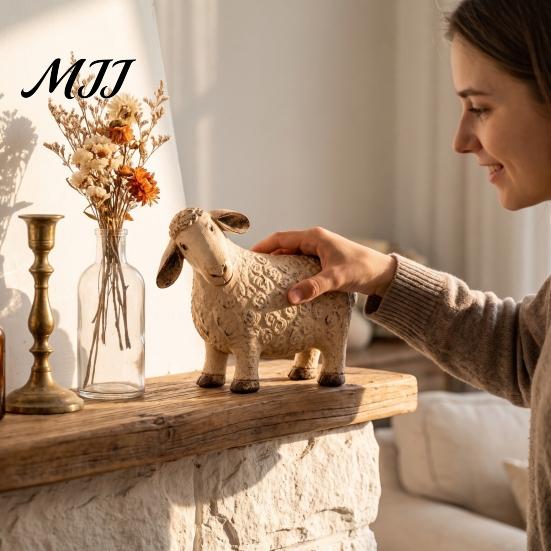 Rustic Home Decor Sheep Figurine, Farmhouse Resin Lamb Statue, Vintage Country Style Tabletop Statues Decor, Cute Sculpture for Living Room