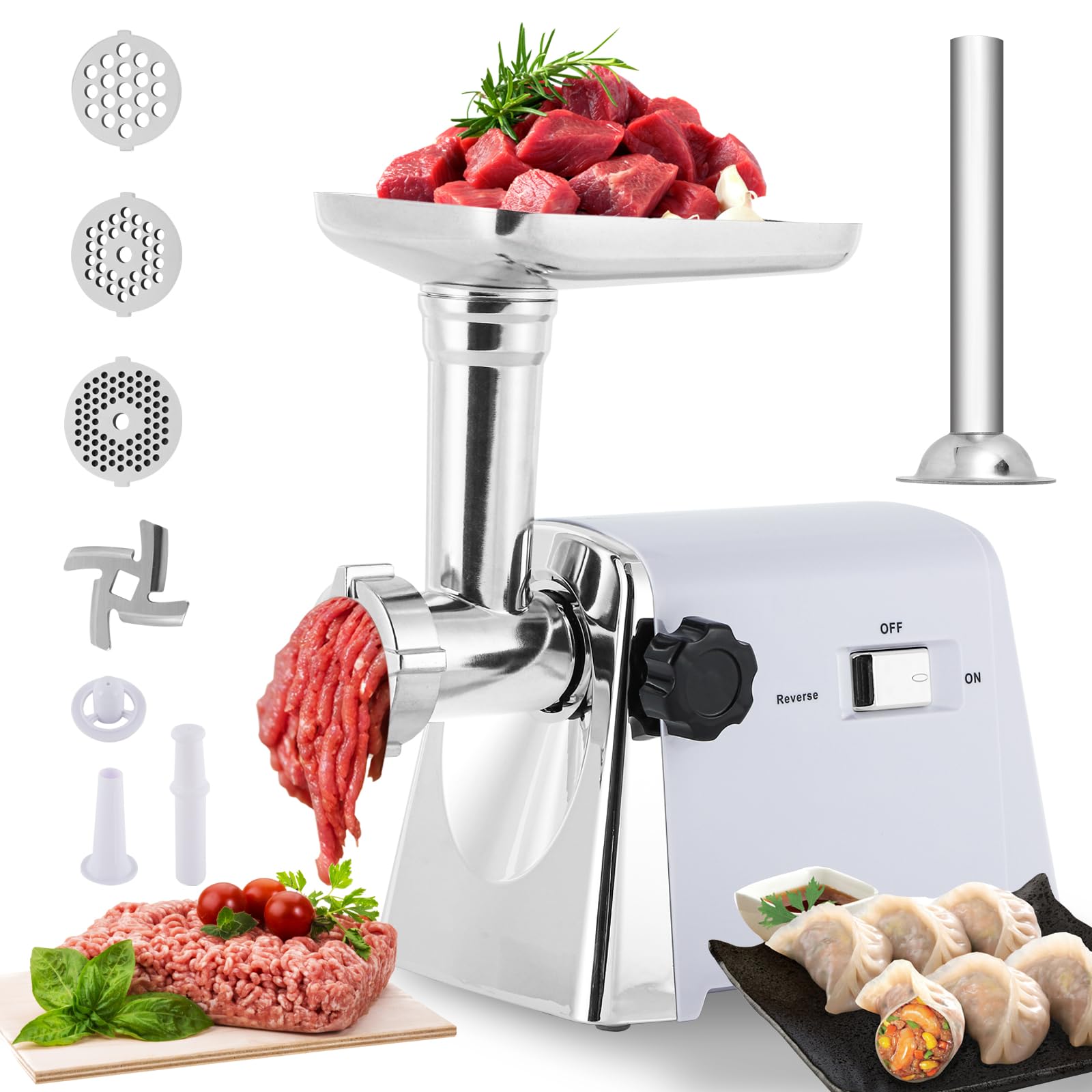 

Hanchen Mincer with Meat Stainless Steel Intestine Stuffing Home Japanese Instruction Manual Electric Type Mincer, 3/5/7mm Plate,