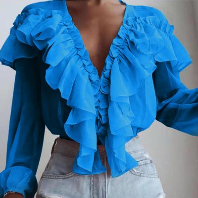 Collar Large Size Solid Sweet Color Loose Sleeve Chiffon Shirt Ruffle Pullover Blouse