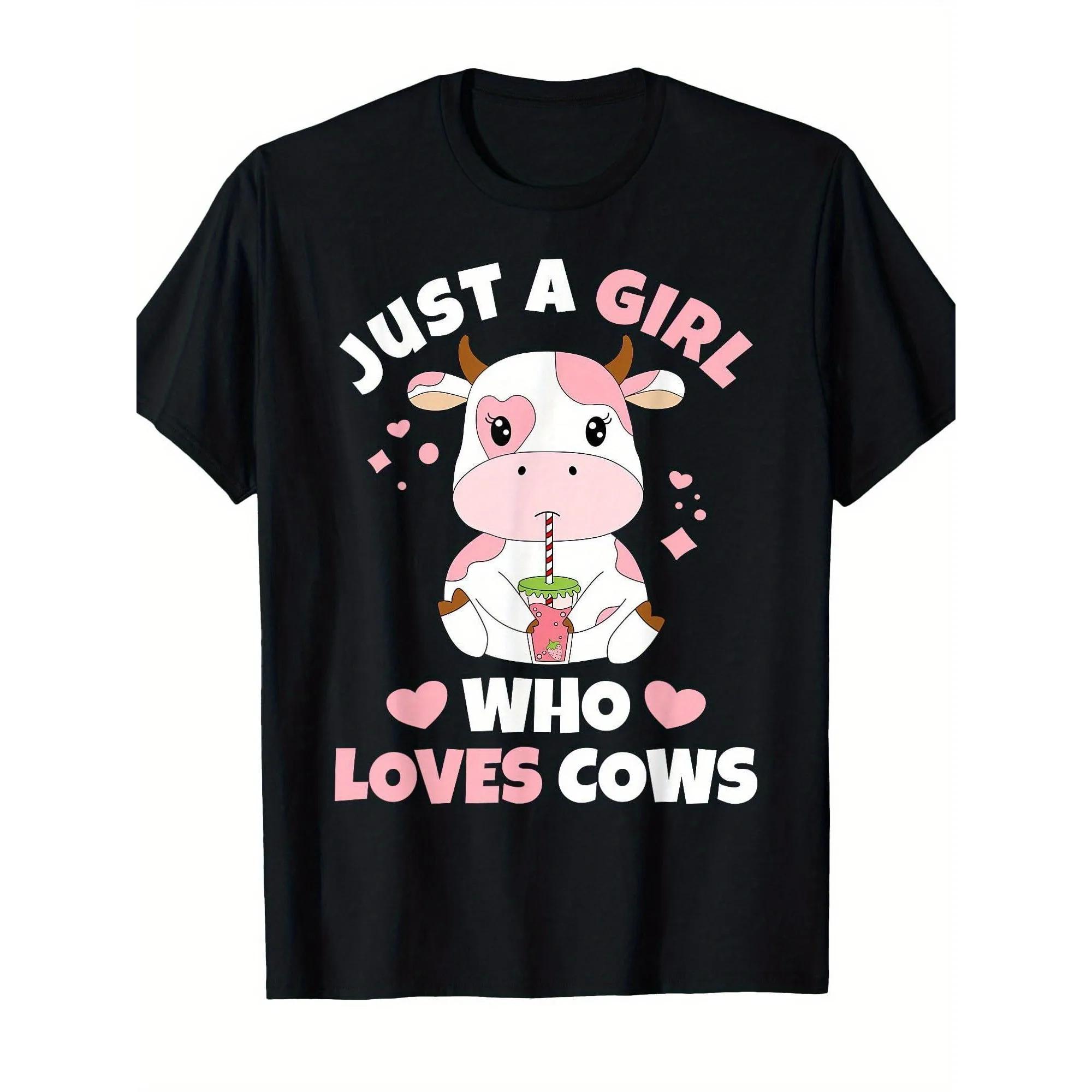Cute Strawberry Cow Just A Girl Who Loves Cows Graphic Tee Soft Short Sleeve T-Shirt S чёрный