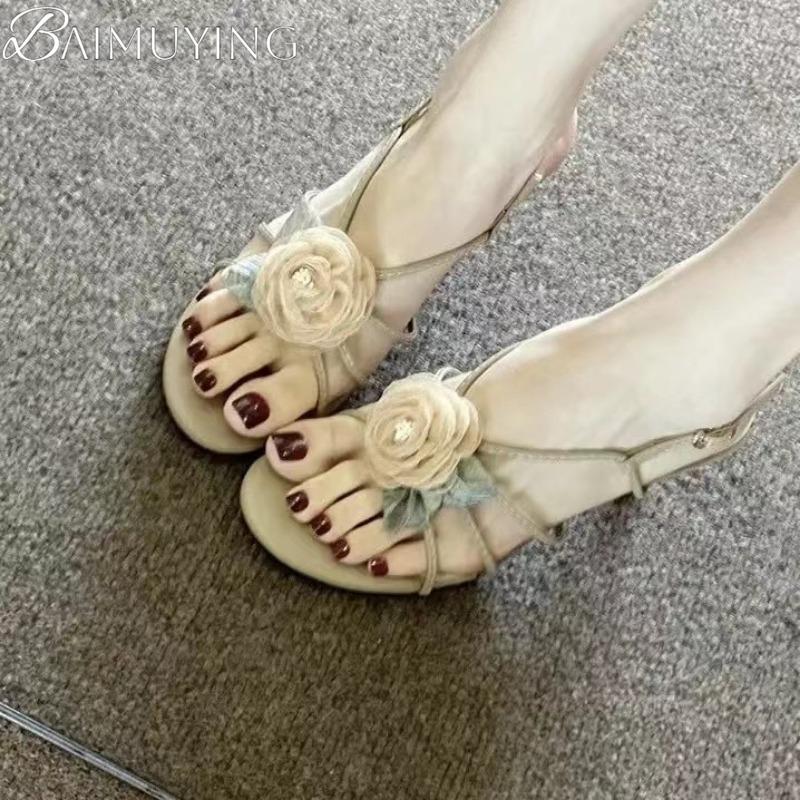 Fashion Flower Women Sandals High Heels Shoes Woman Slingback 2025 Trend Summer Elegant Loafers Dress Shallow Design Sandalias De Mujer