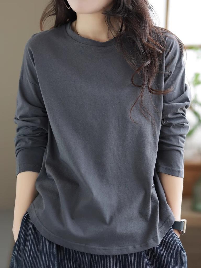 Maieu Dintr-o Singură Culoare Vintage Decupat Femei Toamnă Iarnă Stil Nou Casual Mânecă Lungă Largă Tricou Top Femei Trendy