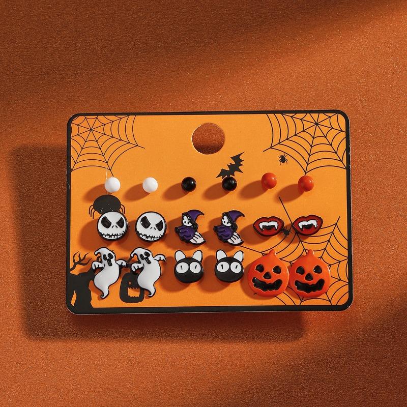 Hot Sale Halloween Stud Earrings Combination Cartoon Funny Pumpkin Head Ghost Bat Element Stud Earrings Set
