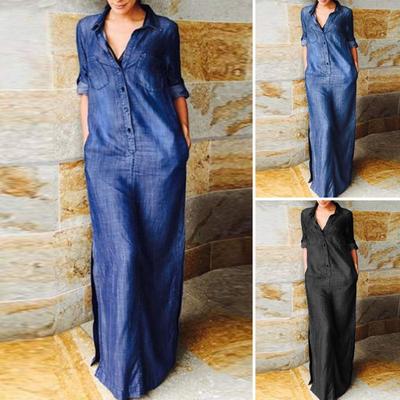 Fall Spring Women Dress Solid Color Loose Denim Turn-down Collar Long Sleeve Ankle Length Button Split Hem Plus Size Bohemian Commute Maxi Dress
