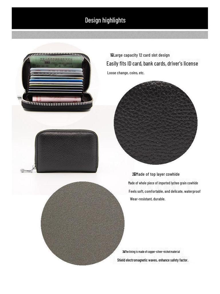 Best-Selling Women's Cowhide Zipper Accordion Card Holder with Multi-Card Slots