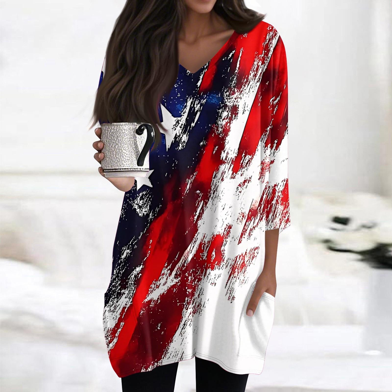

Women s Casual 3/4 Sleeve Shirts Fashion Print Tunic Tops With Pockets L