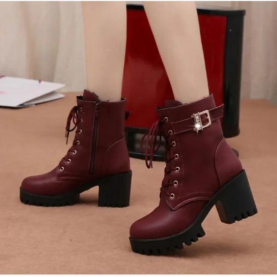 Women Boots Lace Up Flat Biker  Wine Red Boots Shoes Buckle Woman Botas Women Boots