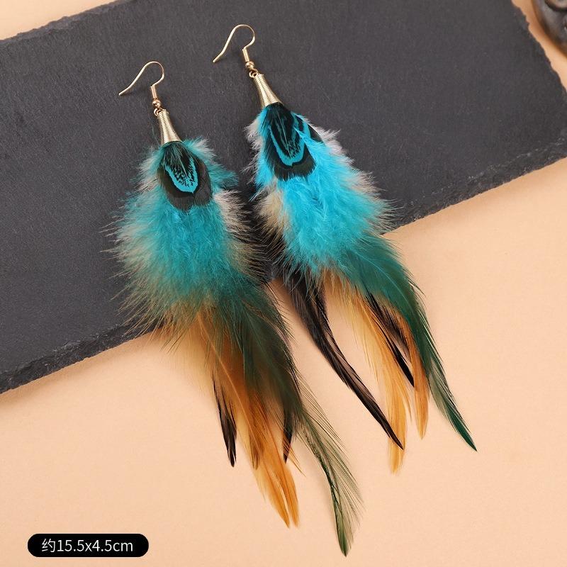 Exaggerated personality long feather earrings women's bohemian temperament retro vacation fringed earrings