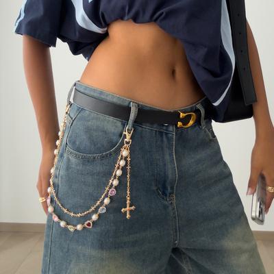 Punkowy Styl Hip-hopowy Wisiorek Krzyż Łańcuch do Spodni Kreatywna Kolorowa Sztuczna Perła Talia Biżuteria Frędzel Jeansy Kryształowy Łańcuch