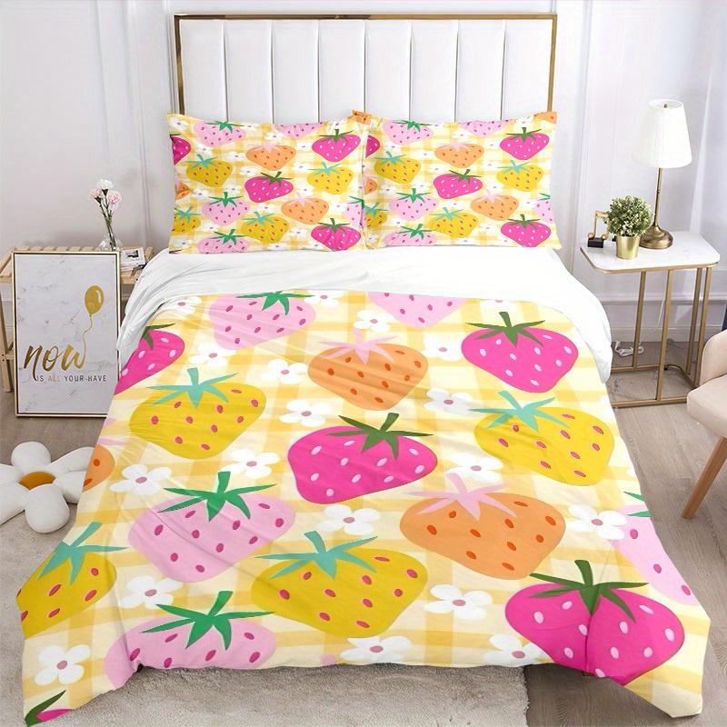 3pcs Strawberry Pattern Bedding Set, Breathable And Soft, Suitable for All Seasons Machine Washable, Suitable for Bedroom Decoration,yy250822139