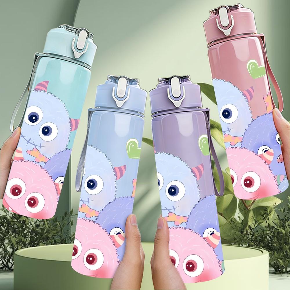 1PC Cute Round Monster Cartoon Print 750ml Color Plastic Sports Water Bottle Leakproof Flip Straw Lid Suitable for Sports Office Home Use