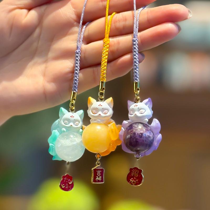 Chinese Cute Style Nine-Tailed Fox Resin Crystal Pendant Good Luck Car Decor Keychain Ornament For Kids Adults Children's Birthday Gift Holiday