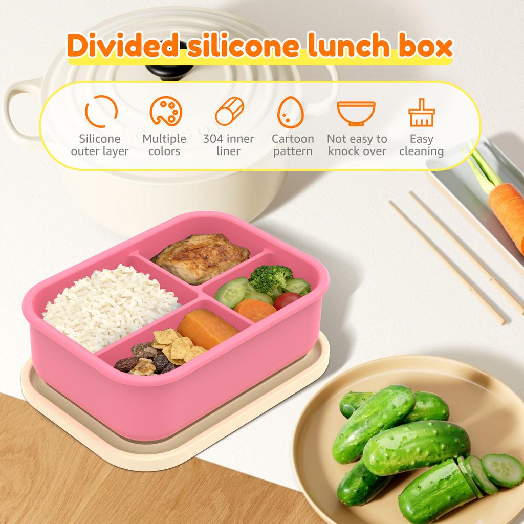 4 Compartment Lunch Box Leak Proof Silicone Meal Boxes with Lids Snack Container Microwave Oven Bento Box for Adult and Students