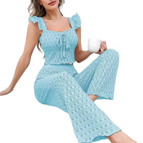 

Women s Eyelet Pajamas Set 2 Piece Ruffle Sleeveless Tank Top And Long Pants Pjs Set Summer Lounge Sleepwear S синий
