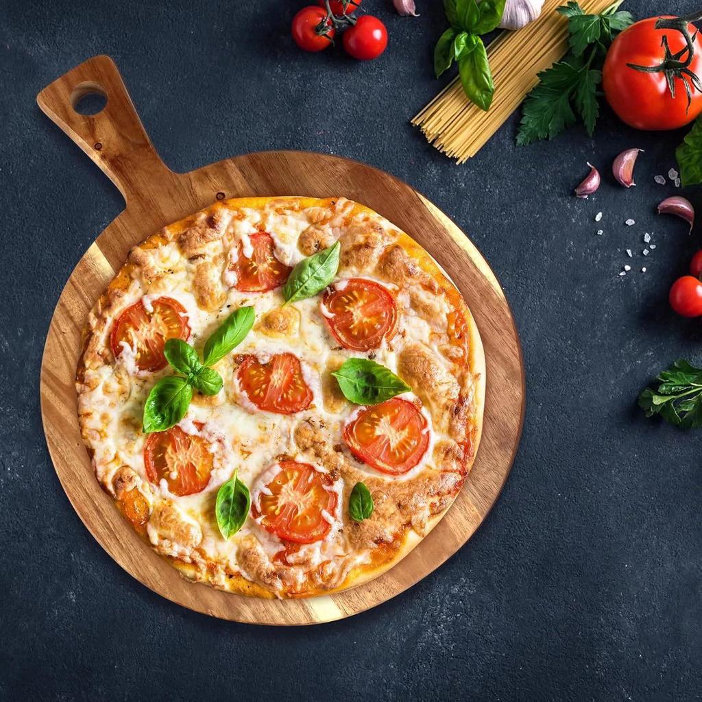 Round Wooden Pizza Plate with Handle - Multifunctional Kitchen Cutting Board and Snack Tray