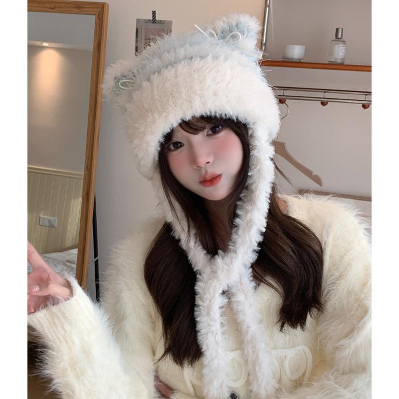 2025 Hepburn style early cute plush bow cat ear knitted hat warm Japanese sweet face small One size