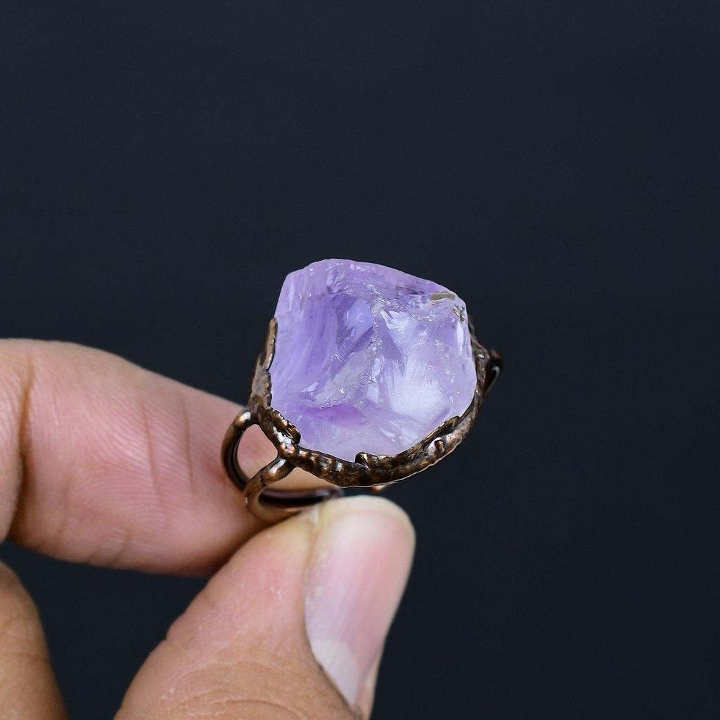 Amethyst Handmade Gemstone Ring, Copper Electroformed Ring Antique Jewelry, Adjustable Ring Engagement Gift