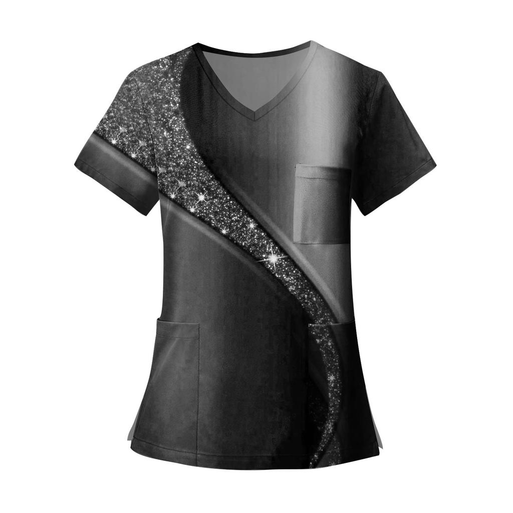 Women's Fashion Printed Short Sleeve V Neck Pattern Tops Pocket Working T-shirts