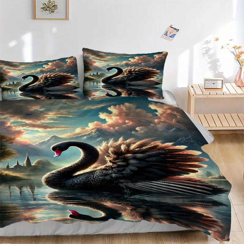 

3pcs Black Swan Art Print Bedding Set - 1 Duvet Cover + 2 Pillowcases(Core Not Included), Machine Washable Polyester yy251216116 135x200cm