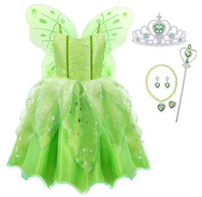 [Axaxa] Tinkerbell Dress (Fairy Costume for Kids + Butterfly Wings) 7-piece Set Tinkbell Fairy Fairy Girl Princess Dress Costume for Kids Cosplay