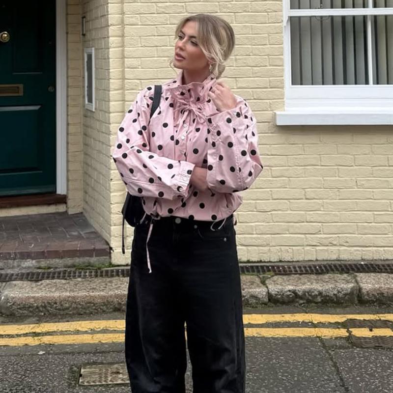 Women Polka Dot Jacket Vintage Stand Collar Cropped Jackets Zip Up Coat Casual Fashion Coat Fall Spring Jacket with Pockets