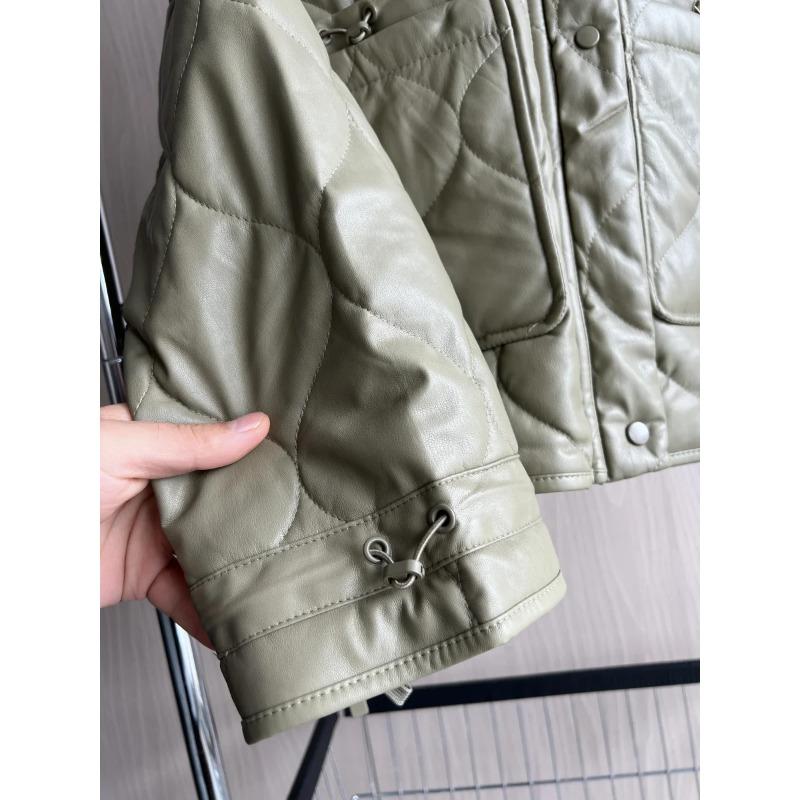 Quilted Jacket In Faux Leather with Padding - Collecting Large Pockets, and Drawstring Design - Women's Cotton Jacket