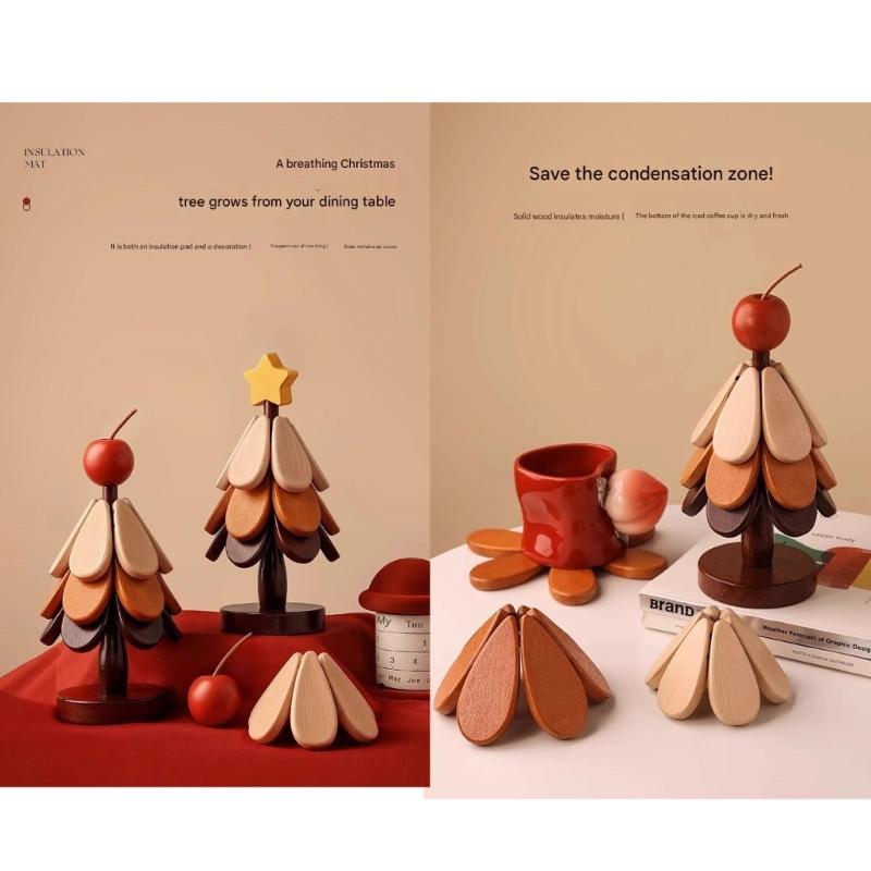Wood Trivet Coasters Set Christmas Tree Shape Thermal Insulation Mats Kitchen Dining Table Pad Decoration Accessory