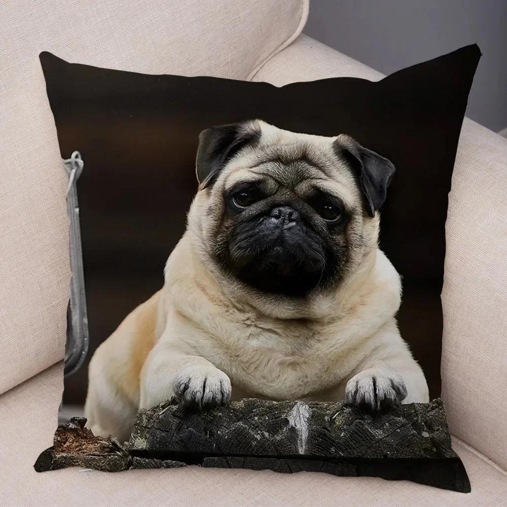 VIKAMA Nordic-Style Adorable Dog Cushion Cover Pug Print Cushion Cover Bedroom Living Room Sofa Decorative Cushion Cover