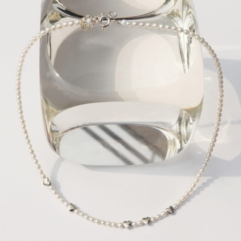 BONBEAU Bebe silver heart water pearl Necklace Silver mini heart freshwater pearl choker silver necklace 3mm