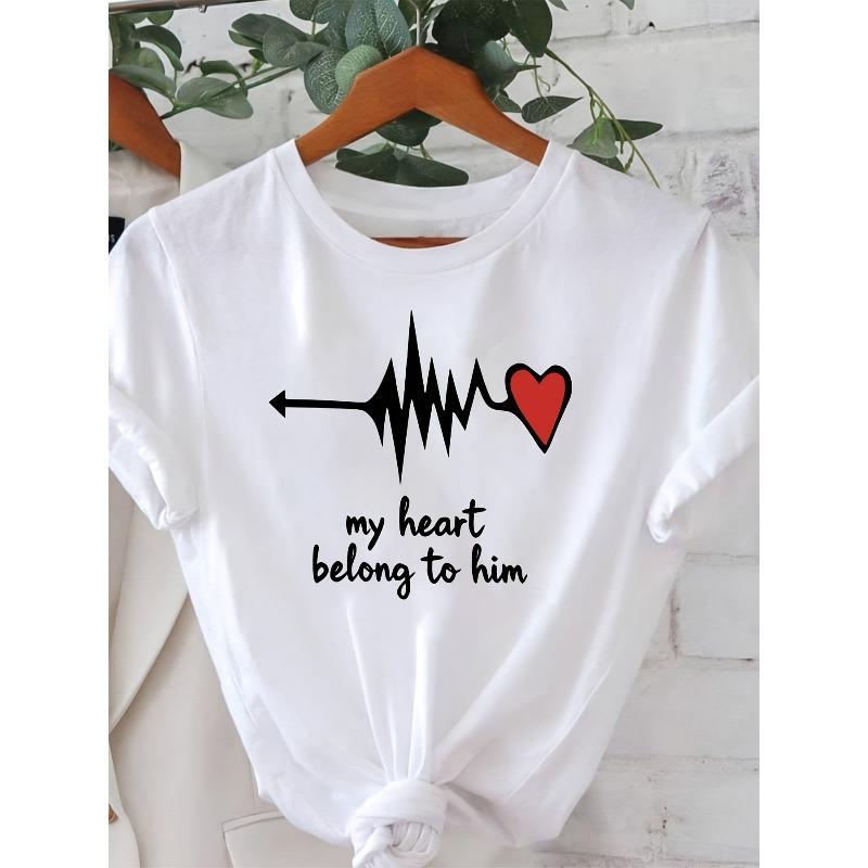 Plus Size Women s My Heart Belongs to Him Print Tee White Short Sleeve Crew Neck Casual Daily Top S белый