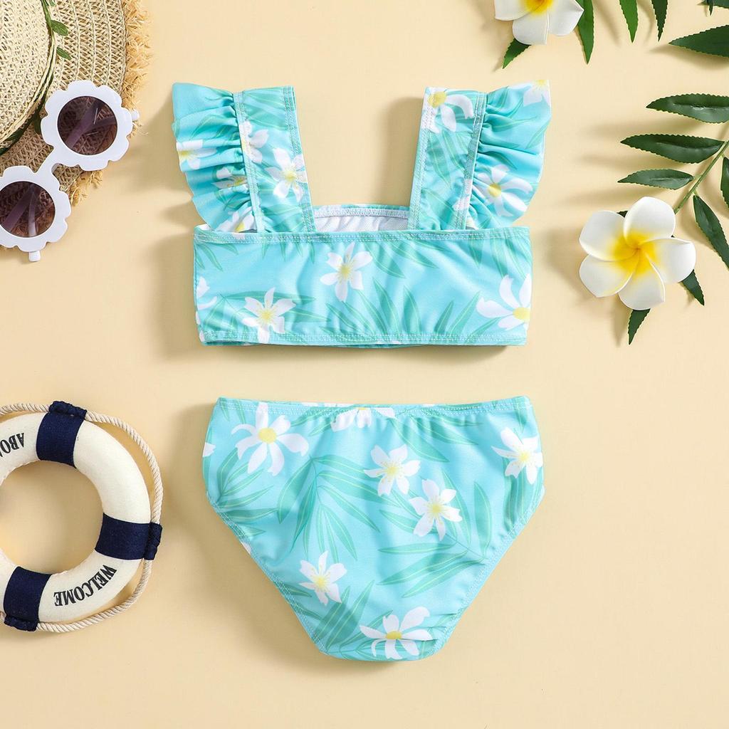 Girls' Floral Two-Piece Swimsuit Set with High Elastic Sun Protection - Parent-Child Matching Style