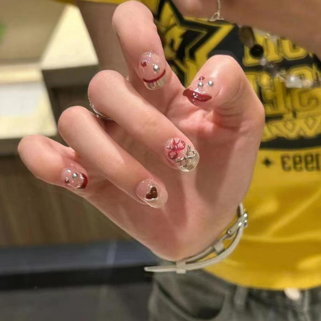 C630-Wearable Cute Cartoon Bow Nail Stickers for Girls - French Heart False Nail Art Patches