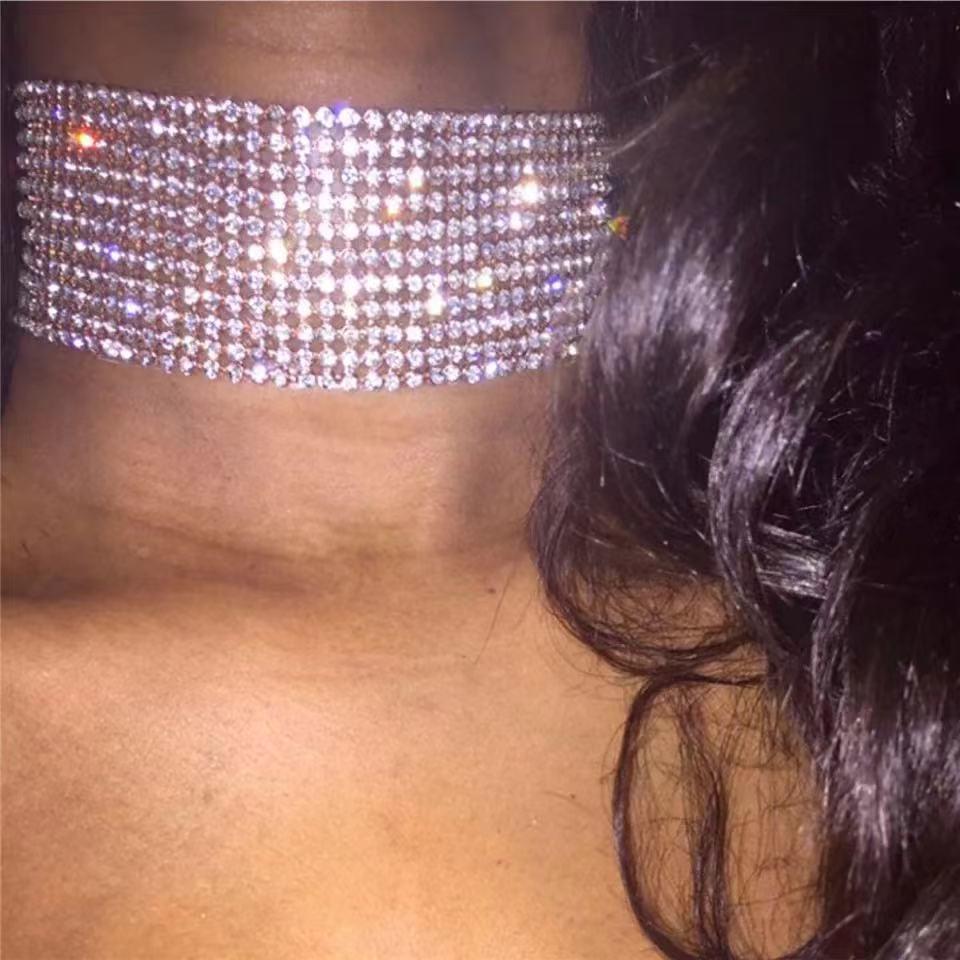 Colier choker multistrat la modă european și american cu 14 rânduri încrustat cu diamante pentru femei