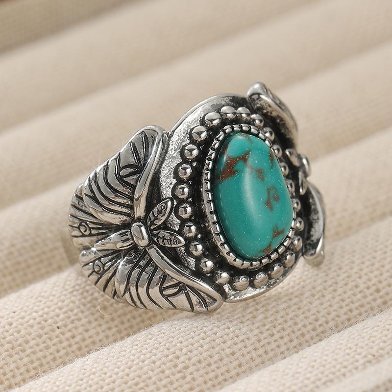 Vintage Inlaid Imitation Turquoise Women's Ring Ethnic CopperColor Hand Carving Bee Daily Wear Party Jewelry Anniversary Gift